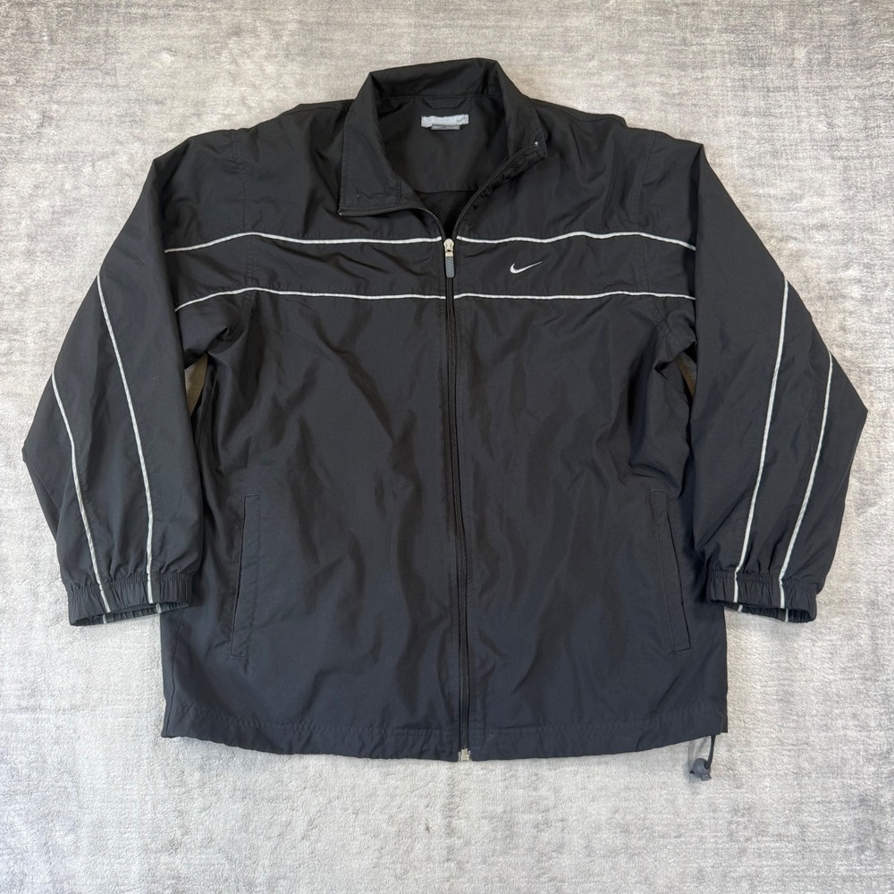 Nike Jacket Mens Large Black Vtg Windbreaker White Piping Full Zip Back Swoosh